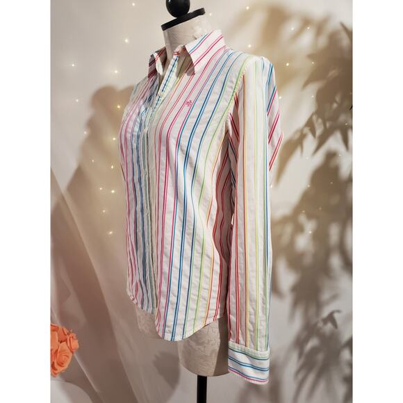 Lauren Ralph Lauren Womens Rainbow Stripe Button Shirt Size MP Career Pride Work - Picture 2 of 10